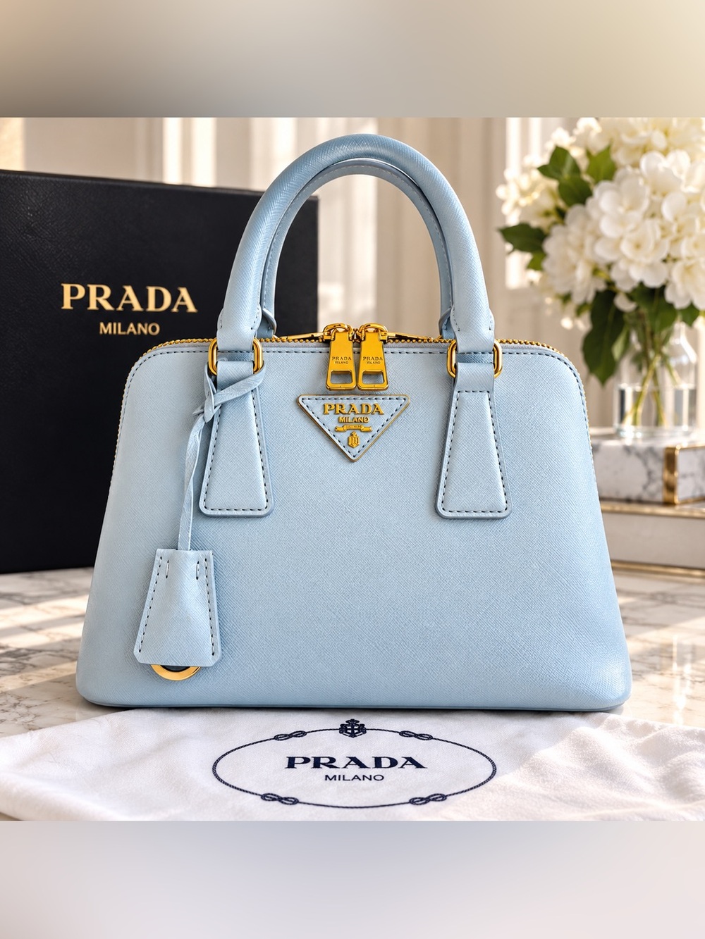PRADA Vintage Light, Blue Saffiano Lux BN1786 Double Zip Tote, Made in Italy. 🇮🇹